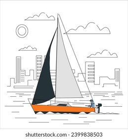Sailboat in the sea in the evening sunlight over beautiful big town background, luxury summer adventure, active vacation in sea. Transport for seas and oceans, sailboat or yacht isolated icon. 2504