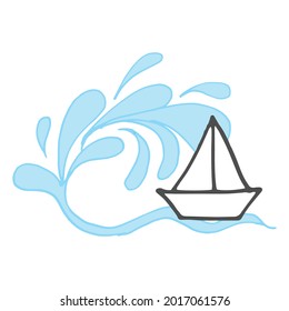 sailboat in the sea illustration on white background. wave and sailboat icon. hand drawn vector. nature background. doodle art for wallpaper, poster, banner, advertising, logo, cover, clipart. 
