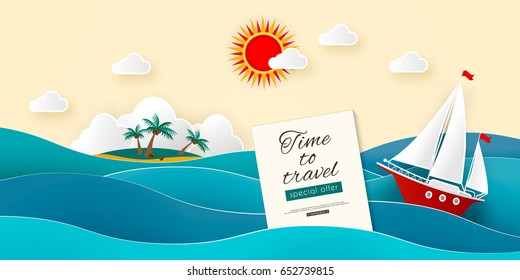 Sailboat in the sea. Island with coconut palms and beach in the ocean. Sun, clouds. Vector illustration for advertising, travel, tourism, cruises, travel agency, discounts and sales. Paper style