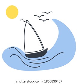 Sailboat at sea. Isolated vector flat image on white background. Boat on the wave. Sailing icon.