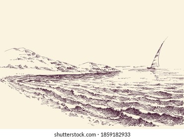 Sailboat in the sea, lateral view from shore