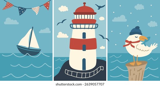 Sailboat at sea with lighthouse and seagulls - summer nautical illustration. Design perfect for summer travel posters, marine adventure cards, or kids wall art