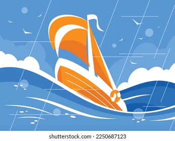 Sailboat in the sea or ocean caught in a storm. Seascape with red sailboat and stormy sky. Vector graphics