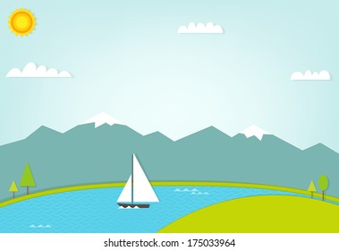 sailboat at sea on background of mountains