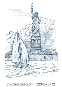 Sailboat in the sea on a background of the Statue of Liberty in New York, summer adventure, active vacation. Seagoing vessel, marine ship or nautical caravel. engraved hand drawn in vintage style.