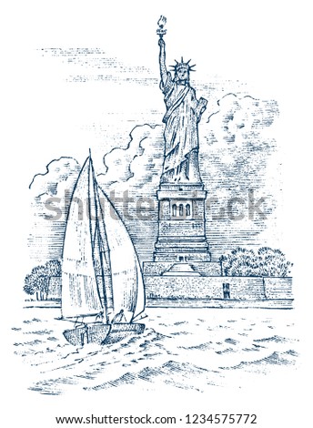 Sailboat in the sea on a background of the Statue of Liberty in New York, summer adventure, active vacation. Seagoing vessel, marine ship or nautical caravel. engraved hand drawn in vintage style.