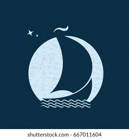 Sailboat at sea on waves in the background of the moon in the night sky. Sailing ship poster.