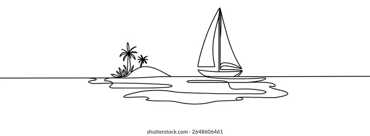 Sailboat at sea one line drawing .Ship . Sea boat one continuous line. Sail vessel . Island with palm trees.