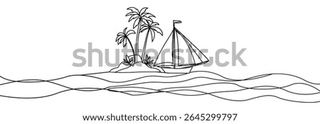 Sailboat at sea one line drawing .Ship . Sea boat one continuous line. Sail vessel . Island with palm trees.	