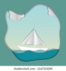 Sailboat in the sea. Paper cut illustration for advertising, travel, tourism, cruises, travel agency Vector illustration