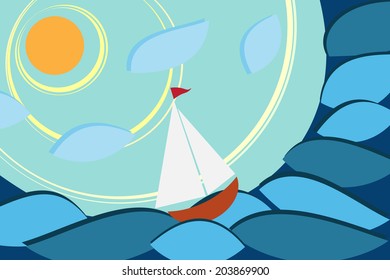 Sailboat in sea rounded, creative concept