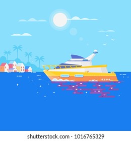 Sailboat in the sea and seagulls around.Luxury travel seaway ocean transport yacht