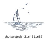 Sailboat, sea, seagulls. Hand drawn illustration converted to vector.