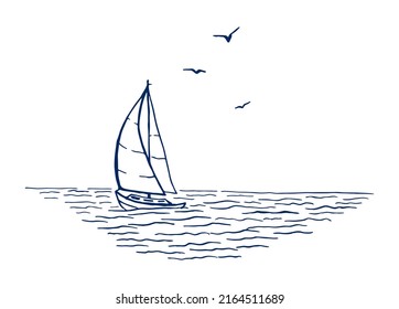 Sailboat, sea, seagulls. Hand drawn illustration converted to vector.