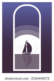 Sailboat in the sea seaside view illustration. Nordic sea side landscape in flat style