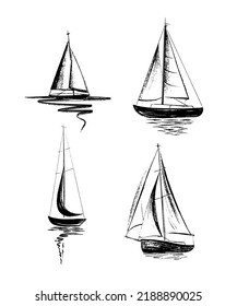 Sailboat at sea set. Abstract minimalistic style. Hand drawn in black ink, brush and paint texture. 