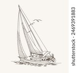 Sailboat in the sea, summer adventure, active vacation. Seagoing vessel, marine ship or nautical caravel. water transport in the ocean for sailor and 