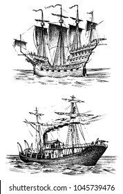 Sailboat in the sea, summer adventure, active vacation. Seagoing vessel, marine ship or nautical caravel. water transport in the ocean for sailor and captain. engraved hand drawn in vintage style.