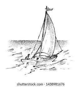 Sailboat in the sea, summer adventure, active vacation. Seagoing vessel, marine ship or nautical caravel. water transport in the ocean for sailor and captain. engraved hand drawn in vintage style.