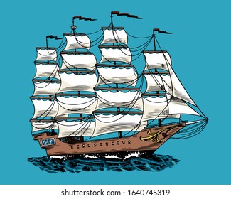 Sailboat in the sea, summer adventure, active vacation. Seagoing vessel, marine ship or nautical caravel on blue background. Water transport in the ocean. Engraved hand drawn in vintage style.