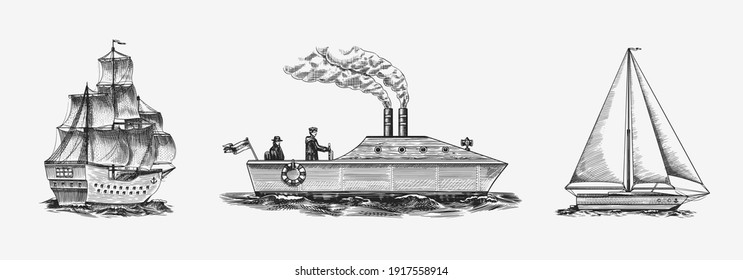 Sailboat in the sea, summer adventure, active vacation. Seagoing vessel with steam smoke from the pipe. Marine ship. Water transport in the ocean for sailor. Engraved hand drawn in vintage style.