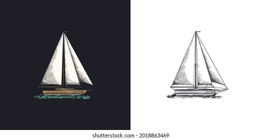 Sailboat in the sea, summer adventure, active vacation. Seagoing vessel, marine ship or nautical caravel. Water transport in the ocean for sailor and captain. Engraved hand drawn in vintage style.