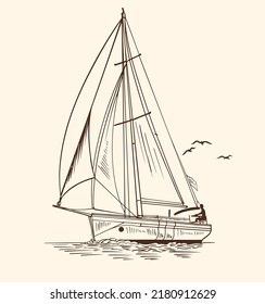 Sailboat in the sea, summer adventure, active vacation. Seagoing vessel, marine ship or nautical caravel. water transport in the ocean for sailor and captain. engraved hand drawn in vintage style.