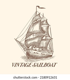 Sailboat in the sea, summer adventure, active vacation. Seagoing vessel, marine ship or nautical caravel. water transport in the ocean for sailor and captain. engraved hand drawn in vintage style.