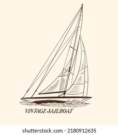 Sailboat in the sea, summer adventure, active vacation. Seagoing vessel, marine ship or nautical caravel. water transport in the ocean for sailor and captain. engraved hand drawn in vintage style.