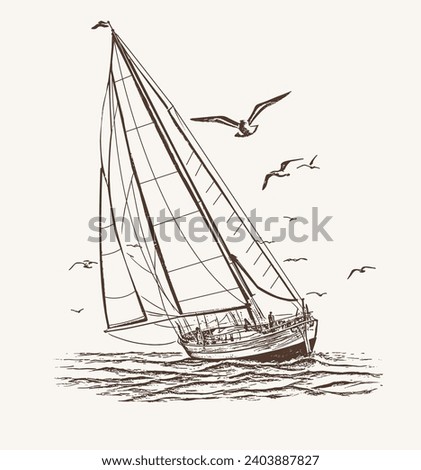 Sailboat in the sea, summer adventure, active vacation. Seagoing vessel, marine ship or nautical caravel. water transport in the ocean for sailor and  Imagine de stoc © 