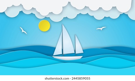 Sailboat in the sea. Sun, clouds. Paper cut illustration for advertising, travel, tourism, cruises, travel agency Vector illustration