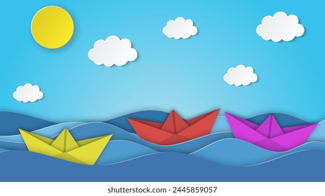 Velero en el mar. Sol, nubes. Ilustración de corte de papel para publicidad, viajes, turismo, cruceros, Ilustración vectorial de agencias de viajes