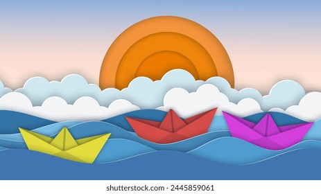 Velero en el mar. Sol, nubes. Ilustración de corte de papel para publicidad, viajes, turismo, cruceros, Ilustración vectorial de agencias de viajes