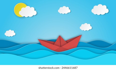 Velero en el mar. Sol, nubes. Ilustración de corte de papel para publicidad, viajes, turismo, cruceros, Ilustración vectorial de agencias de viajes