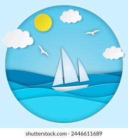 Velero en el mar. Sol, nubes. Ilustración de corte de papel para publicidad, viajes, turismo, cruceros, Ilustración vectorial de agencias de viajes