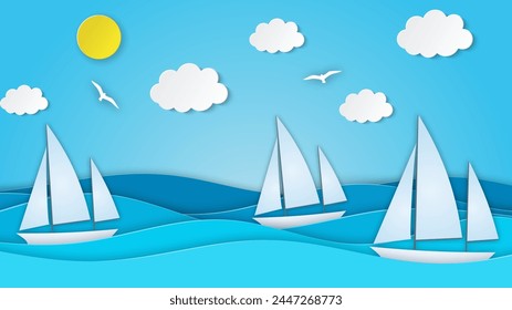 Velero en el mar. Sol, nubes. Ilustración de corte de papel para publicidad, viajes, turismo, cruceros, Ilustración vectorial de agencias de viajes