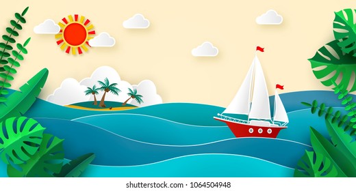 Sailboat in the sea, Sun Clouds Tropical island with beach and coconut palms, Tropical leaves, Vector illustration for advertising travel tourism cruises travel agency discounts and sales Paper style