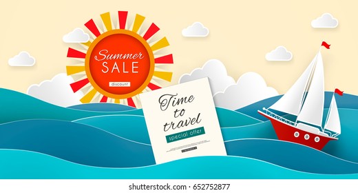 Sailboat in the sea. Sun, clouds. Vector illustration for advertising, travel, tourism, cruises, travel agency, discounts and sales. Paper cut