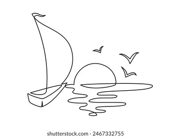 Sailboat in sea with Sun. Continuous one line drawing for logo or decorative element. Vector illustration in trendy outline style.