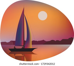 Sailboat at sea. 
Sunset, 
sailboat
vacation
fish