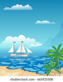Sailboat in the sea. Tropical beach with palm trees and  mountains. Rest, travel.Vector illustration.