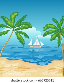 Sailboat in the sea. Tropical beach with palm trees. Rest, travel.Vector illustration.