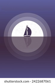 Sailboat in the sea under full moon vector illustration. Nordic seaside landscape in flat style.