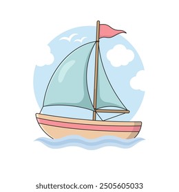 Sailboat at Sea Vector Illustration. Cartoon Sailing Ship with Blue Waves, Clouds and Seagulls. Sailing Vessel in the Ocean, Summer, Vacation, Tourism.