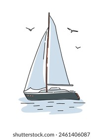 Sailboat at sea, sea vessel, sea ship. A boat for relaxation and adventure. Sea transport. Vector sketch illustration.