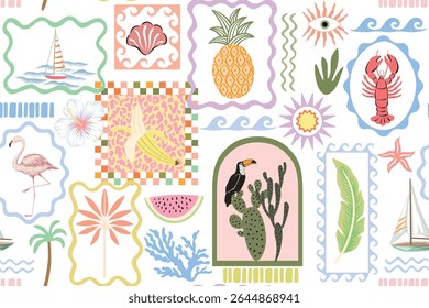 Sailboat, sea wave, palms, flamingo, lobster, toucan, cactus, pineapple, watermelon, banana, hibiscus flower, shell, eye in the frames seamless pattern. Summer patchwork wallpaper.	