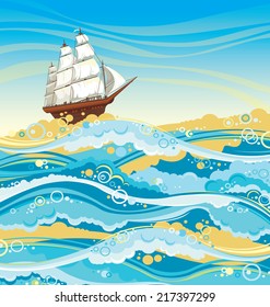 Sailboat and sea with waves and foam on a blue sky. Seascape vector.