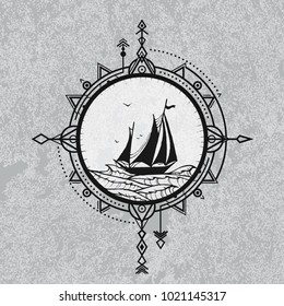 Sailboat in the sea and wind rose. Vector illustration of compass in tribal technique and sailboat on the waves of sea on grunge background.