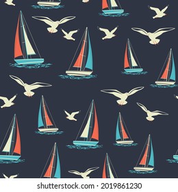 Sailboat and Seagull seamless vector pattern on navy background,nautical pattern,ocean,sea