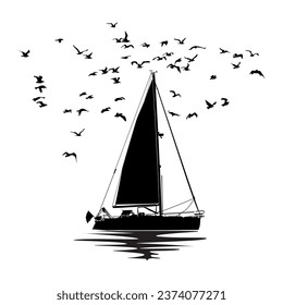 Sailboat, seagulls and wave silhouette isolated on white background. Yacht icon.Sea travel symbol.Sailing boat at sea or lake.Boat for recreation or racing.Vessel for daily cruises.Vector illustration